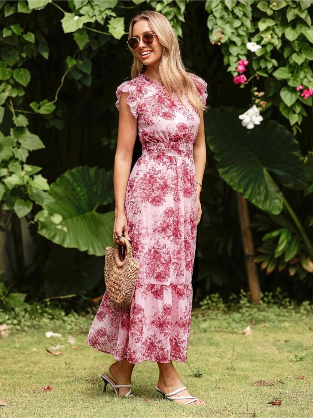 Women's Pink Red Short Sleeve Crew Neck A LINE Imported Casual Maxi Dress - Picture 5 of 7